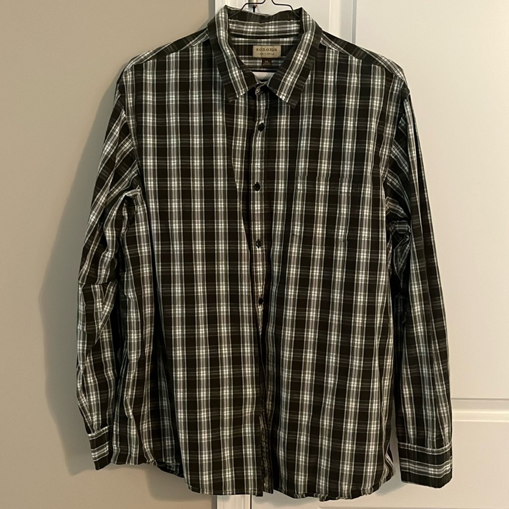 Sonoma Men’s XXL Long Sleeve Green Brown Plaid Button Down w Pkt